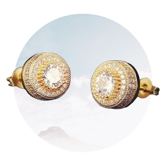 NEW 18K Gold-Plated Steel Micro Pavé Rhinestone Halo Stud Earrings Unisex - Picture 9 of 13